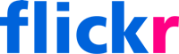 a blue and pink logo with the word flickr